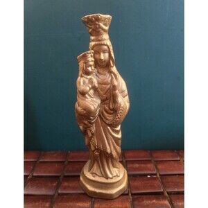 Vintage Saint Anne w/ Infant Mary Iconography Gold Plaster Figurine 8.5" Tall